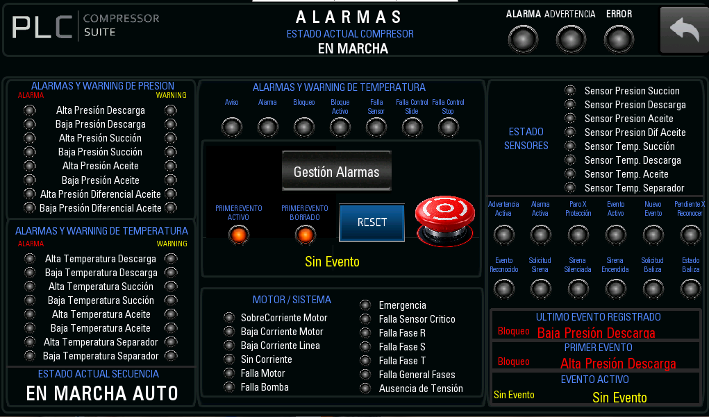 Pantalla de alarmas de PLC Compressor Suite